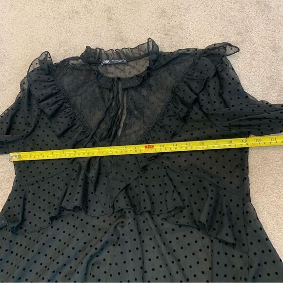 ZARA black mesh polka dot ruffle frill sheer lace long sleeve blouse Sz M - Picture 9 of 11